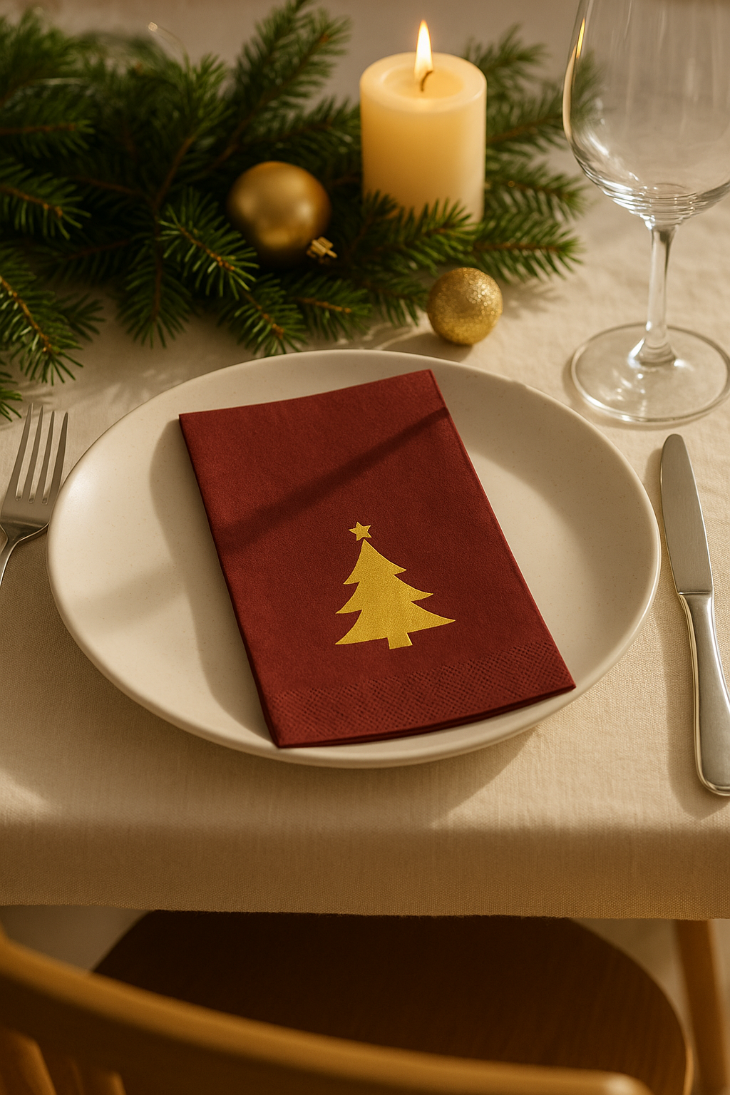 Luxe Bordeaux Kerstservetten met Gouden Kerstboom – (16 stuks)