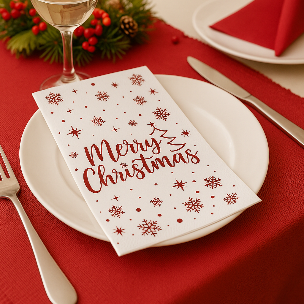 Merry Christmas Servetten – Luxe Wit met Rode Folieprint (20 stuks)