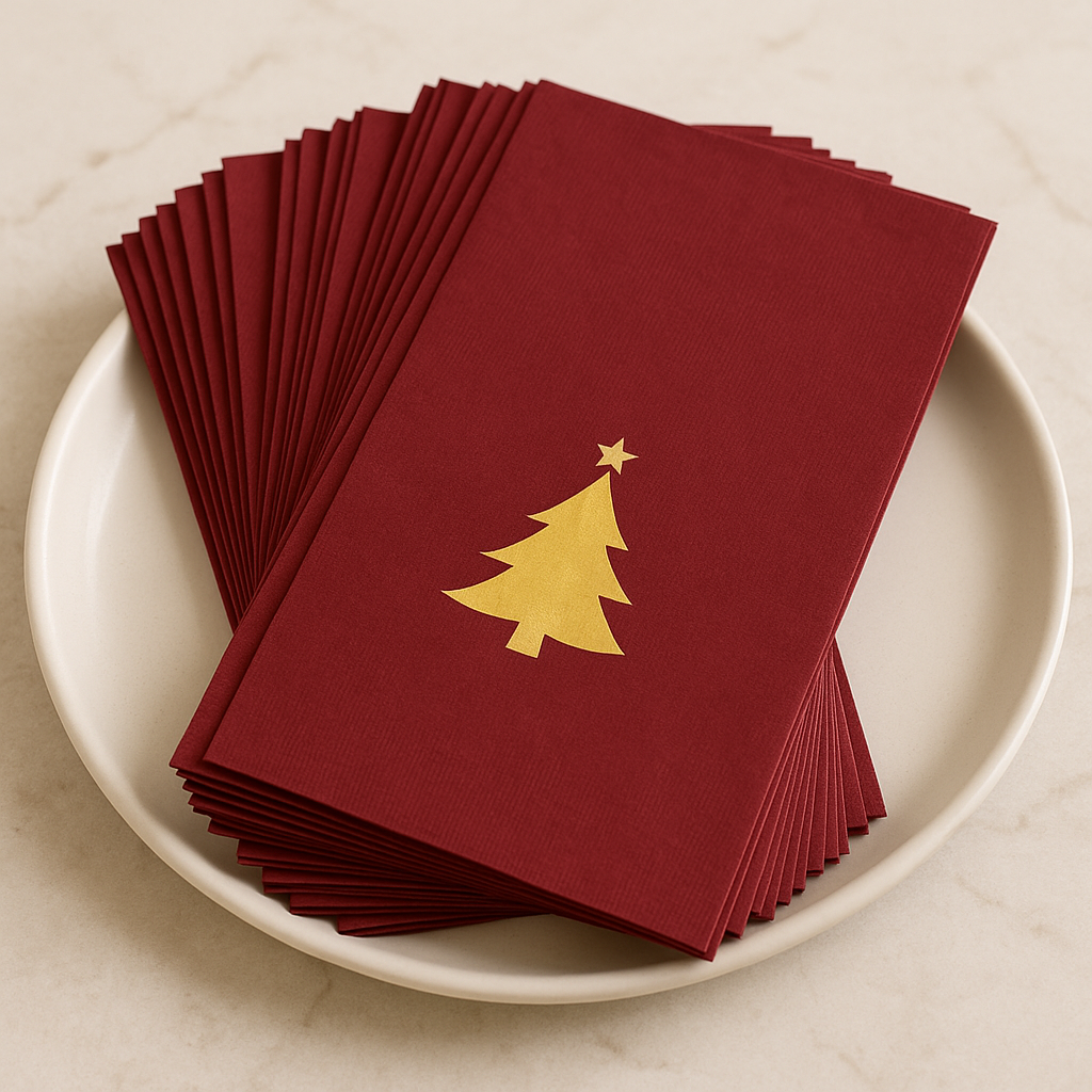 Luxe Bordeaux Kerstservetten met Gouden Kerstboom – (16 stuks)