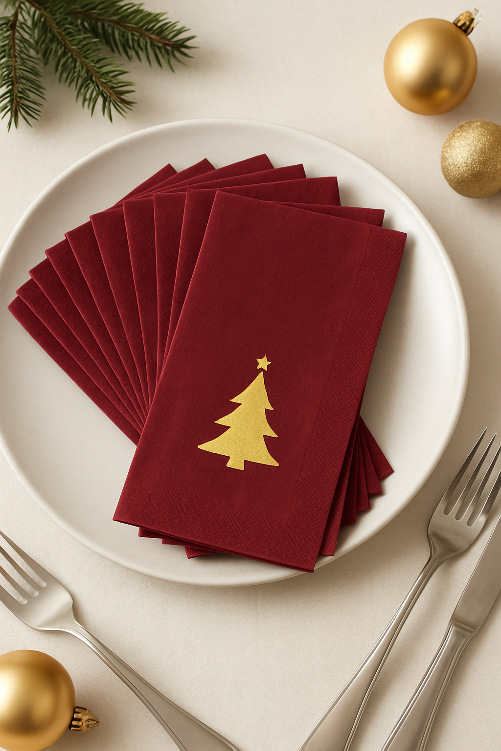 Luxe Bordeaux Kerstservetten met Gouden Kerstboom – (16 stuks)